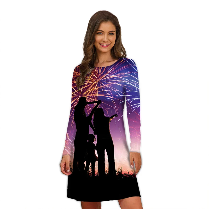 المرأة الألعاب النارية طباعة فستان حفلة ، فساتين طويلة الأكمام ، المتضخم ، عادية ، نمط الشارع ، الموضة ، أنيقة ، الخريف ، الشتاء #2