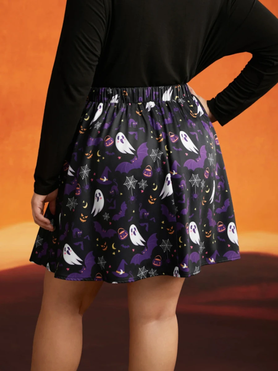 Rok lipit antik Halloween wanita, Rok Midi motif labu pinggang tinggi Retro, rok pesta liburan klasik