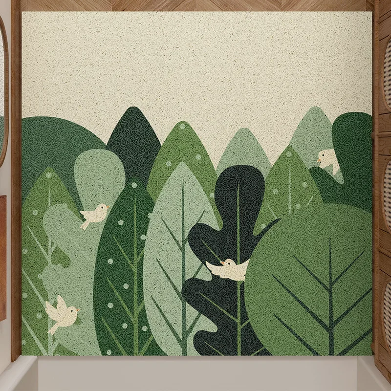 Anti-Slip Cuttable Wire Loop Entrance Mat Green Forest Design Dirt Resistant Scraping Floor Mat for Home Entryway