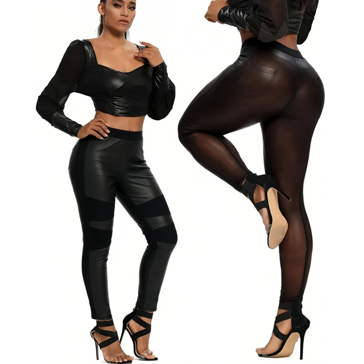 Women Patchwork Faux Leather High Waist Stretch Skinny Leggings Slim Fit Nightclub Party Pants
