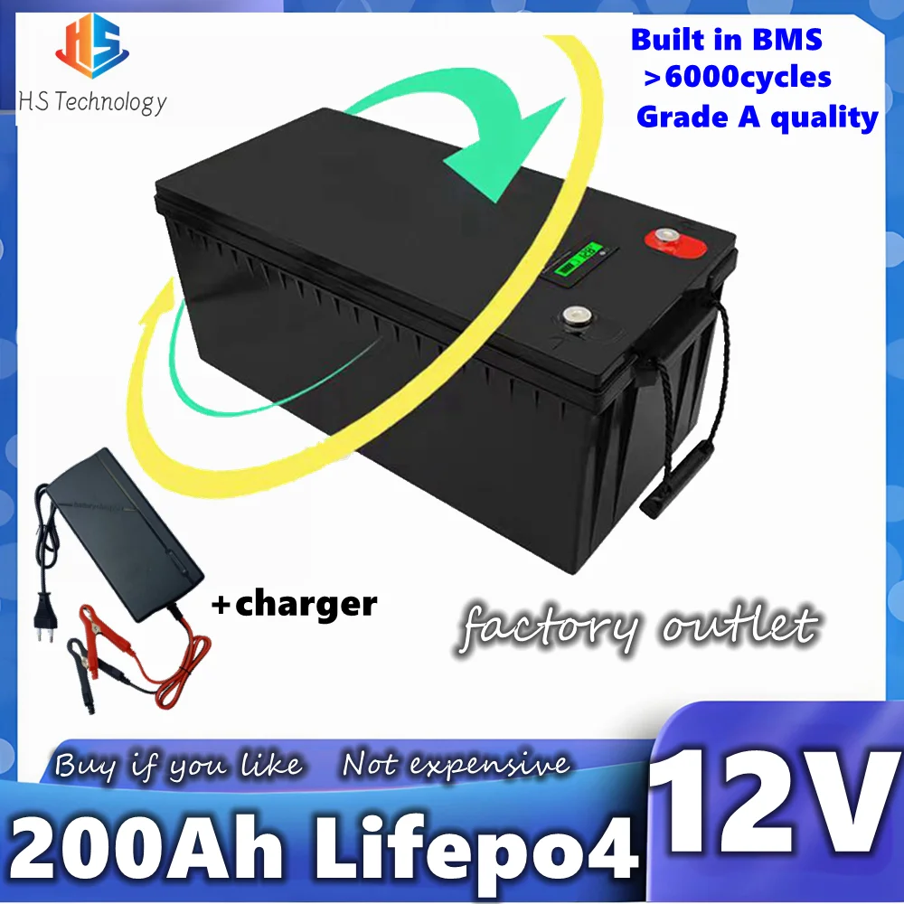 

Rechargeable 12V 200Ah Lifepo4 Battery with Bluetooth BMS Optional for 1KW 2KW 3KW Trolling Motor Marine UPS RV Solar Panel