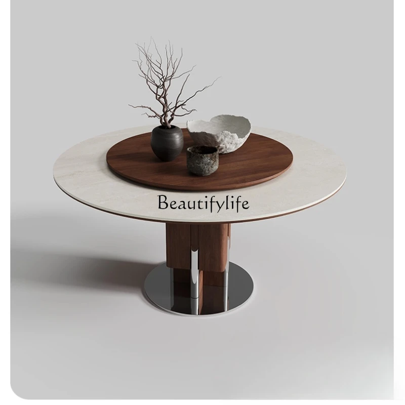 

Solid wood dining table Italian black walnut medieval round dining table with turntable