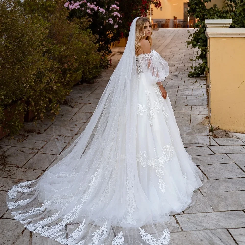 Customized Elegant Lace Wedding Dress Puffy Long Sleevess Flora Appliques Crystal Beaded Women Bride Gowns Vestidos De Novia