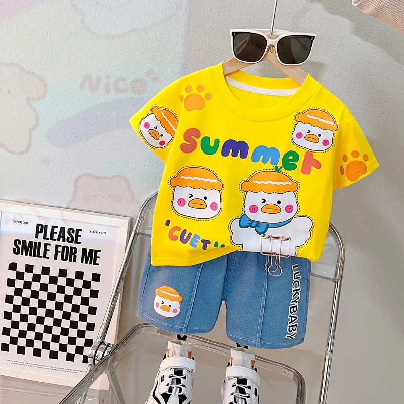 1-4T Toddler Boys and Girls' Suit Costume Summer Boys' Baby Treasure Little Bear Print Short Sleeve Shorts 2-Piece Set