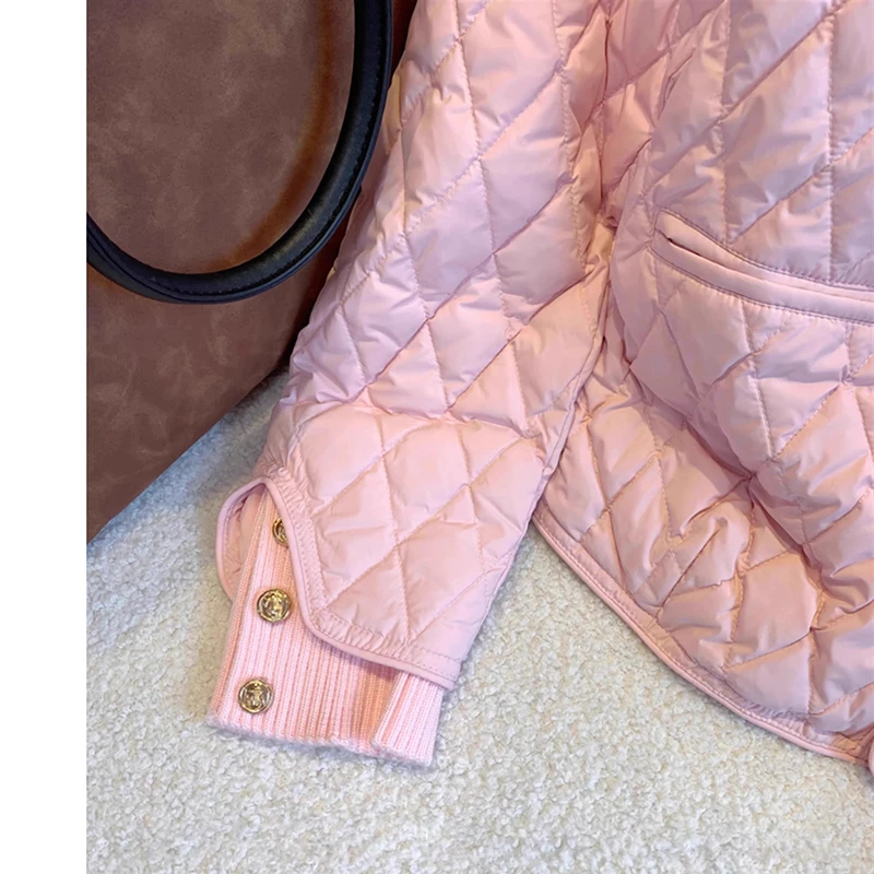 Winter Cotton Pink Jacket Lightweight Diamond grid Parka autumn Long Skeeve Fashion Simple and high-end casual Coat Outerwear