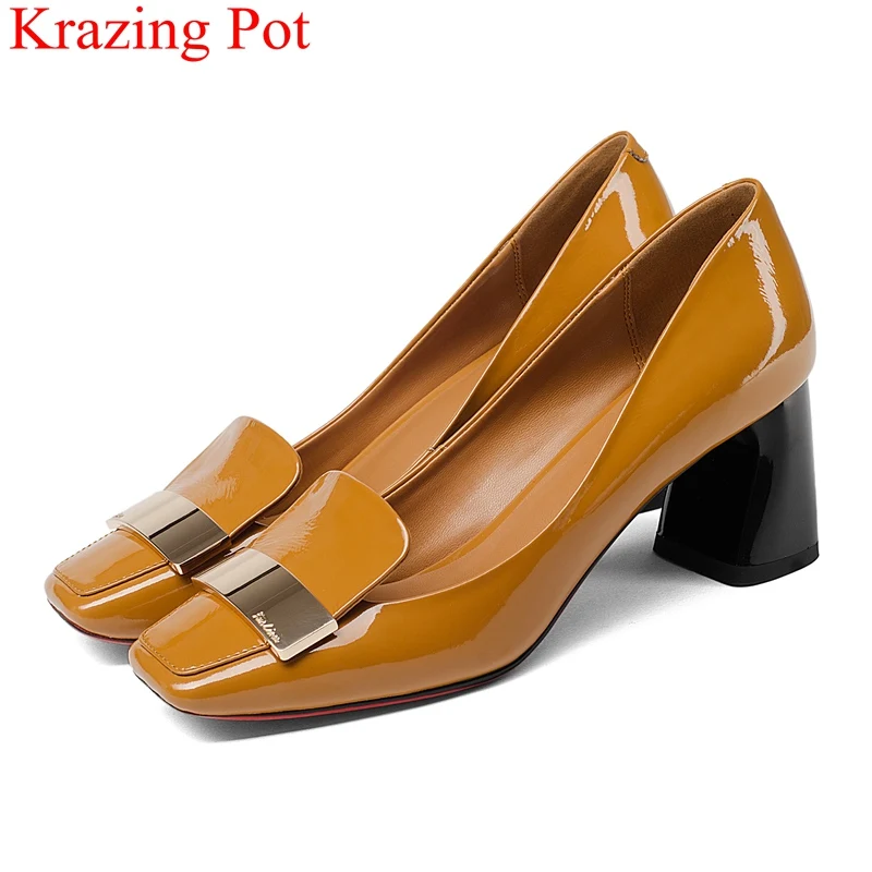 Clearance Sale fashion cow leather shallow square heel big size women pumps slip on elegant wedding office lady metal shoes