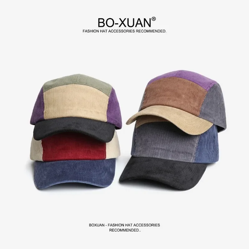 Retro Color Matching Corduroy Women\'s Hats Spring and Autumn Outdoor Versatile American Casual Five-panel Baseball Caps for Men