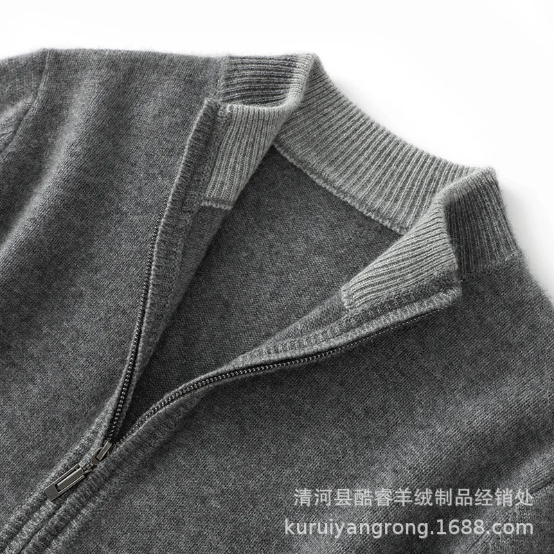 Autumn Winter New 100% Pure Cashmere Sweater Men's Half High Neck Knitted Zippered Cardigan Solid Wool Top Coat