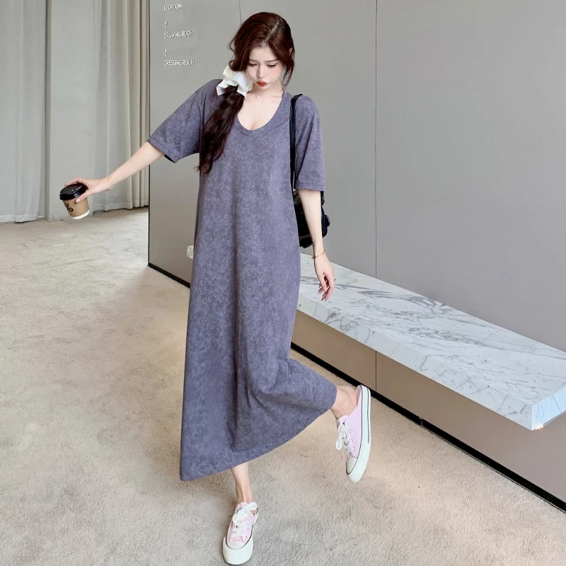 Oversized Women's Causal Dress Summer Loose U-Neck Long Dresses Robe Elbise Short Sleeve T-Shirt Korean Style Midi Dresses