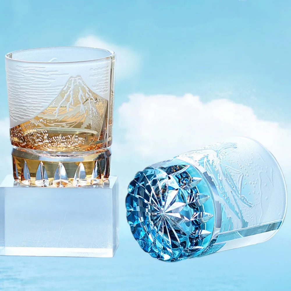 

Edo Kiriko Vintage Colored Whiskey Glass Engraved Fuji Mountain Tumbler Old Fashioned Glass for Whiskey Lovers Gift Box Include