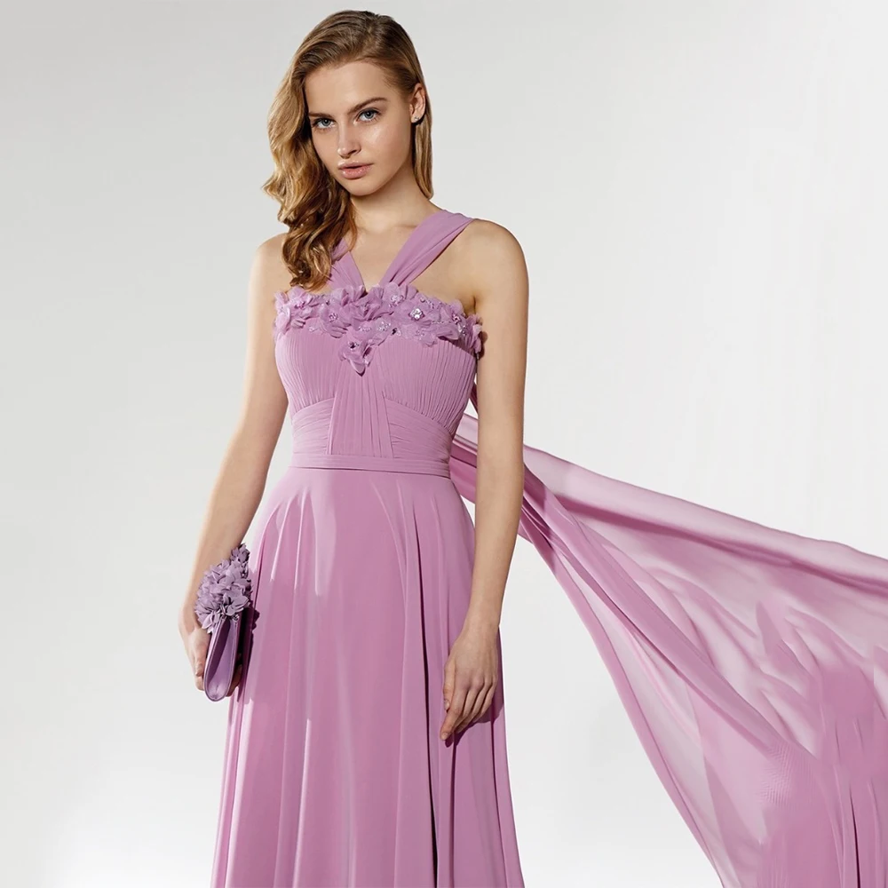 Customized Elegant Chiffon Flower Rhinestone Sash Pleat A-line Sheer Straps Long Dresses Bespoke Occasion Dresses High quality