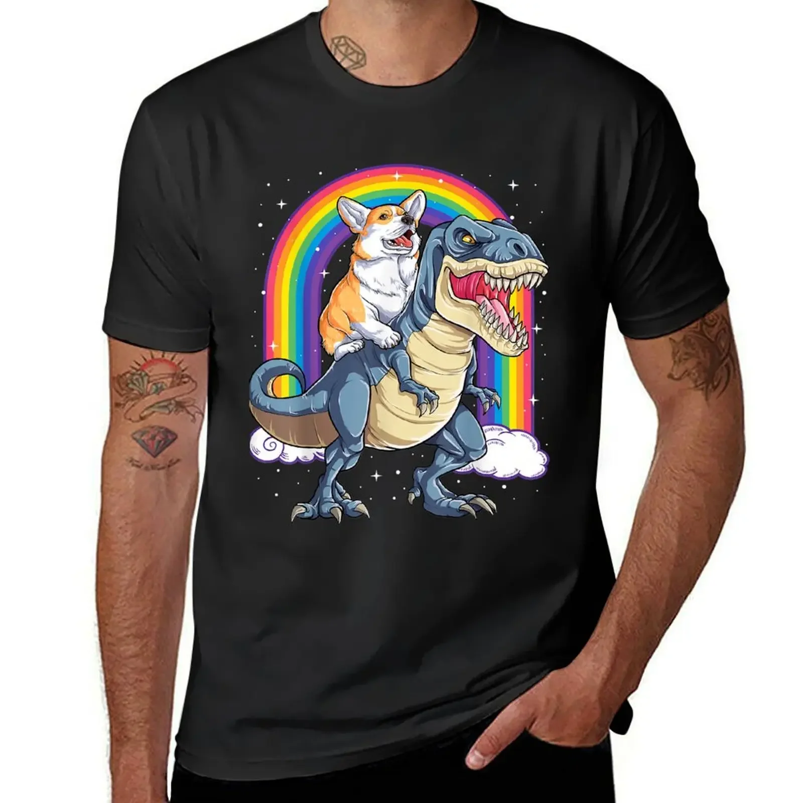 

Corgi Riding Dinosaur T rex Boys Girls Space Galaxy Rainbow T-Shirt sweat anime clothes vintage graphic tee tshirts for men