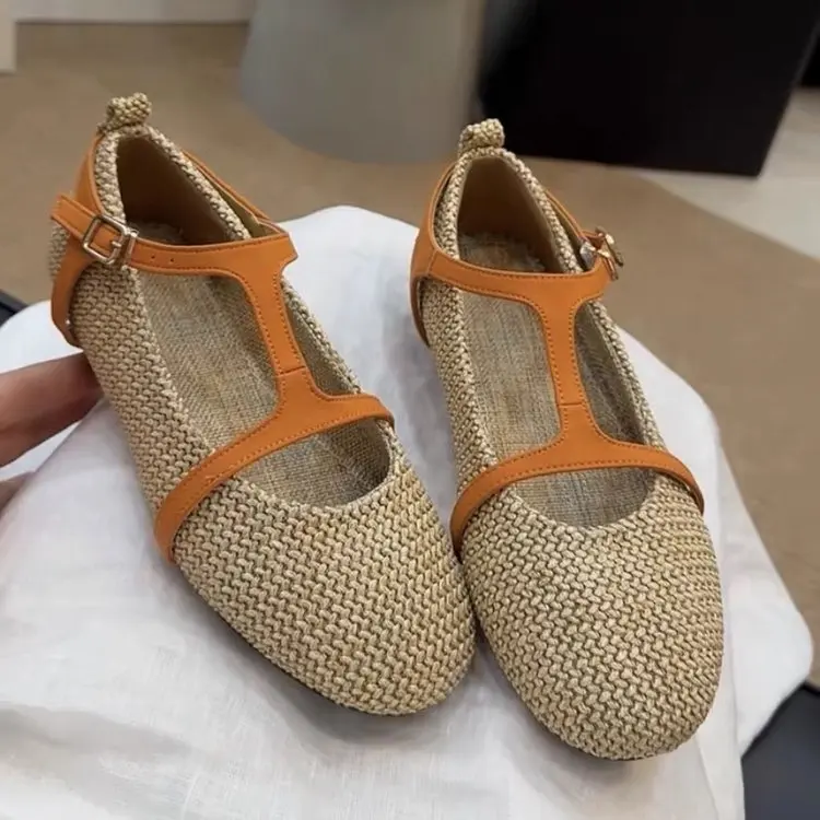 Hot Sales Ballet Flat Shoes Woman Mesh Hollow Outs Round Toe Buckle Strap Mary Jane Shoes Summer Lightweight Walk Shoes Women