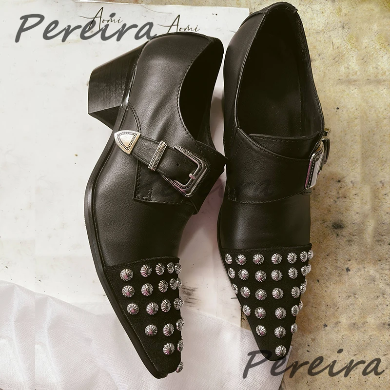 

Мужские классические туфли-лоферы с острым носком, металлической пряжкой на ремне, на высоком каблуке 6 см, черные, из натуральной кожи, с элементами пэчворка, для официальных мероприятий