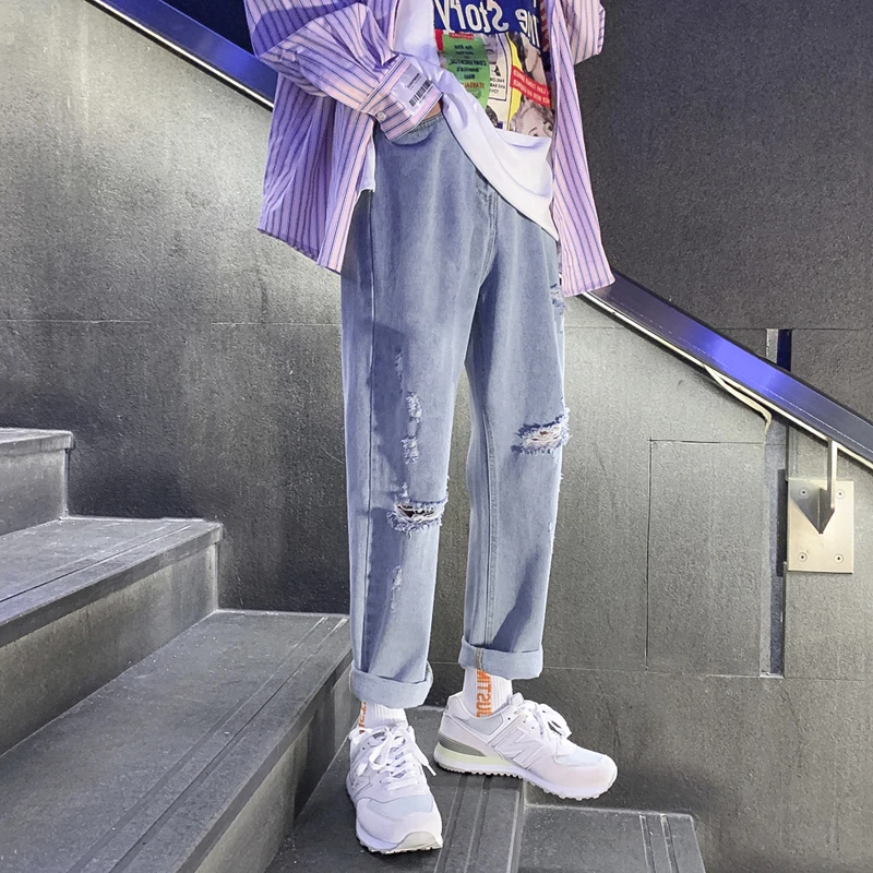 

Trendy Men's Ripped Jeans New Autumn Winter Loose Straight Casual Thin Nine-Piece Pants Youth Popular Jeans Casual Fit