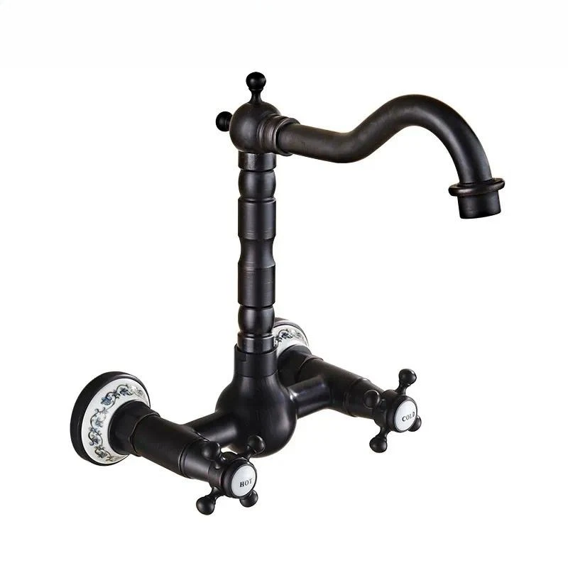 Retro wall-mounted copper faucet double handle hot and cold faucet kitchen balcony home