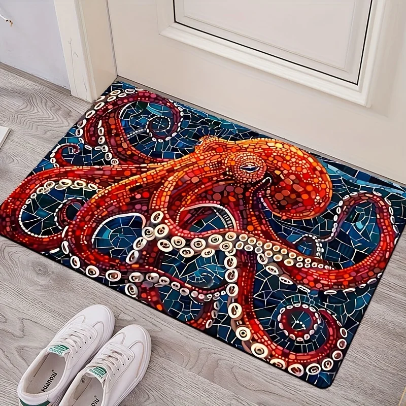 1pc/2D Flat Red Octopus Tentacles Mosaic Pattern Flannel Area Rug Non Slip Ocean Art Carpet For Gaming Room Living Room Floor