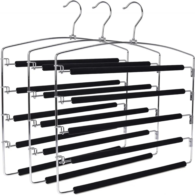 

3 Quality Multi-Bar Metal Hangers - Real Heavy Duty, Space-Saving, Stable With Non-Slip Foam Padding, Swivel Hook For 5 Jeans Ea