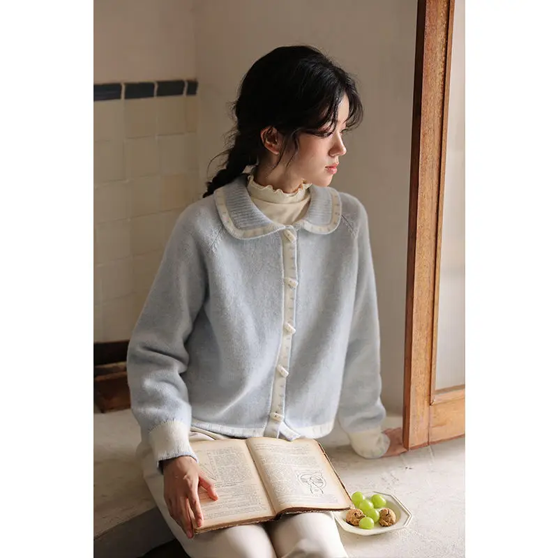 

Korea Blue Slim Fit Cardigan Sweater Button Cardigan Women Winter Temperament Sweater Loose Lazy Gentle Doll Collar Knitwears