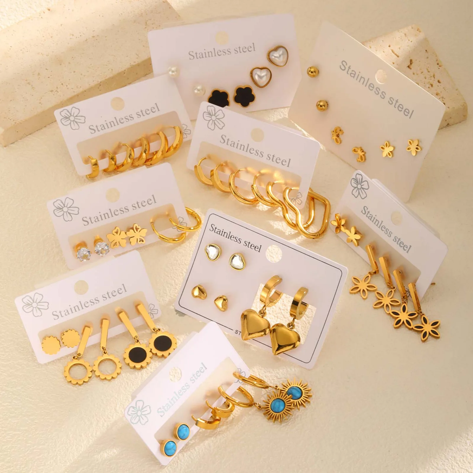 

Vnox 3 Pairs Stainless Steel Zircon Earrings Set For Women,Lightweight Ear Stud Gold Color,Compass Piercing Jewelry Set Gifts