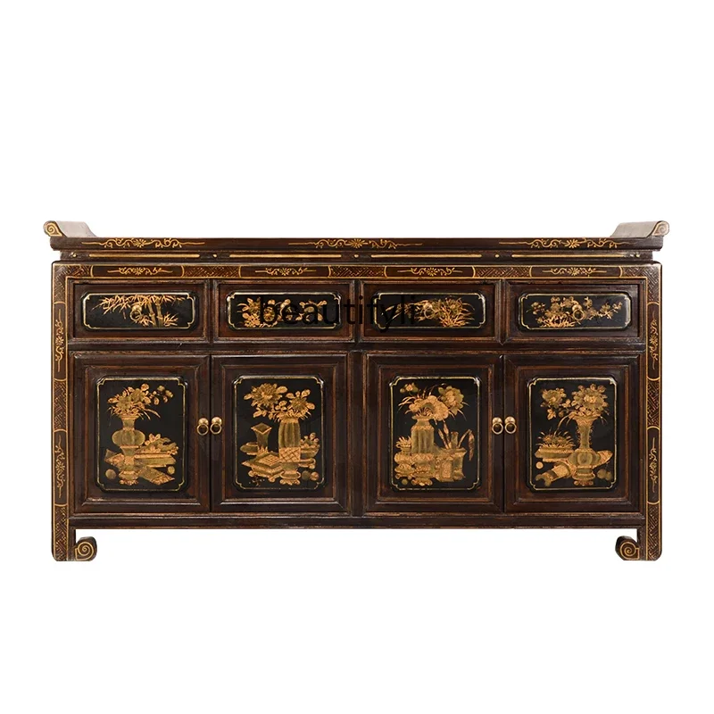 

New Chinese Antique Solid Wood Sideboard Locker Gold Entrance Cabinet Curio Cabinet Hallway