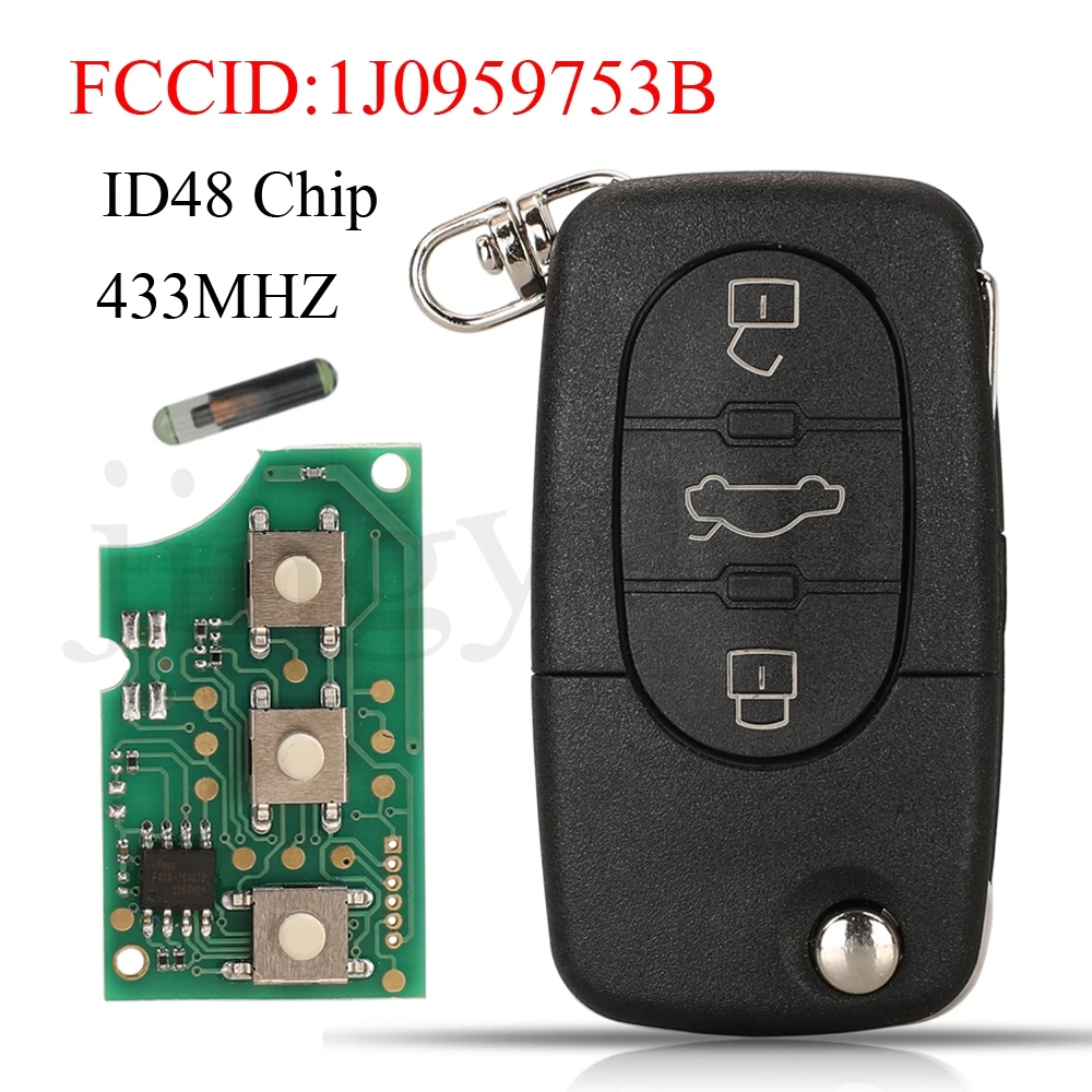 Jingyuqin 3 Buttons 433MHZ ID48 Chip 1J0959753B Remote Car Key For Volkswagen/VW Bora Passat For Seat For Skoda HU66 Blade