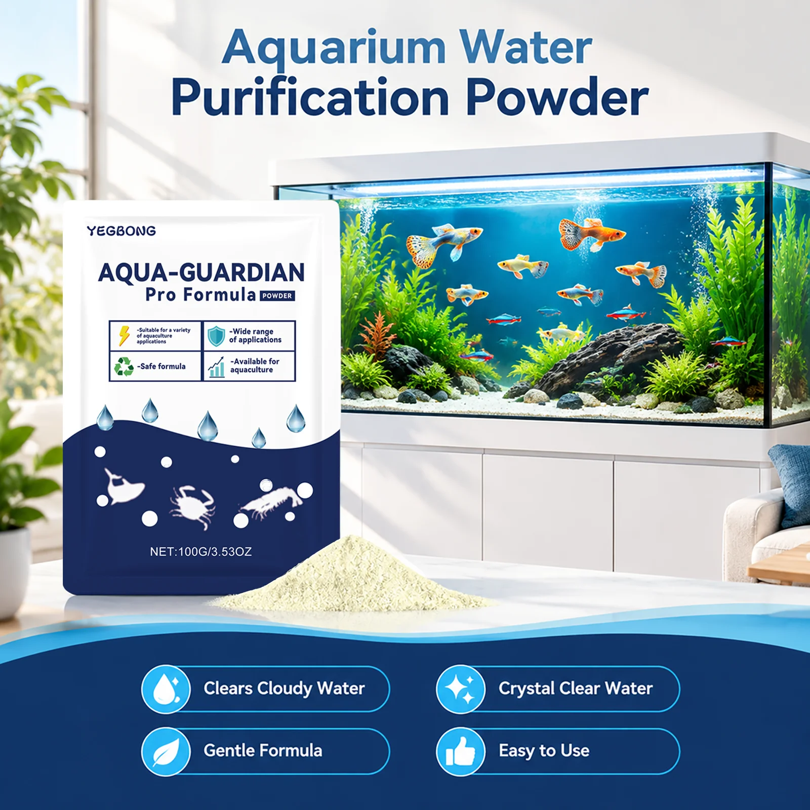 Fish Tank Water Purifier Powder Quick Acting Lasting Clarity Purify Water Remove Odor Home Pond Aquarium Algae Removal Powders
