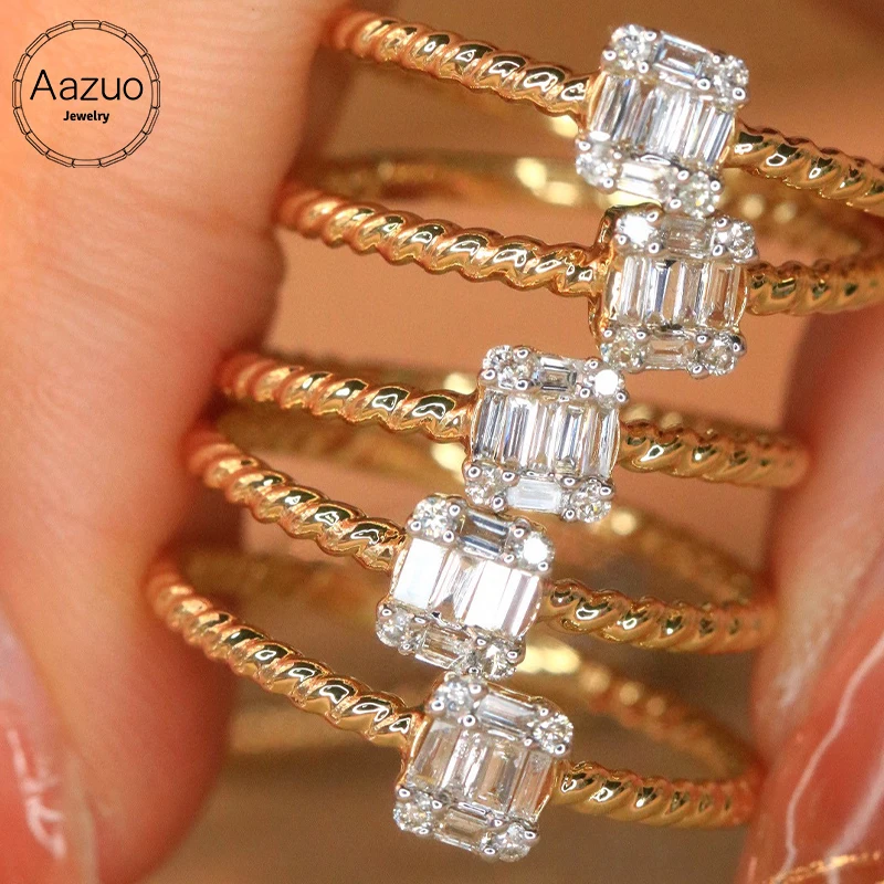 Aazuo 18K Yellow Gold Real Diamonds 0.15ct Jewerly Set Fried Dough Twists Square Ring Gifted For Women Engagement  Party Au750