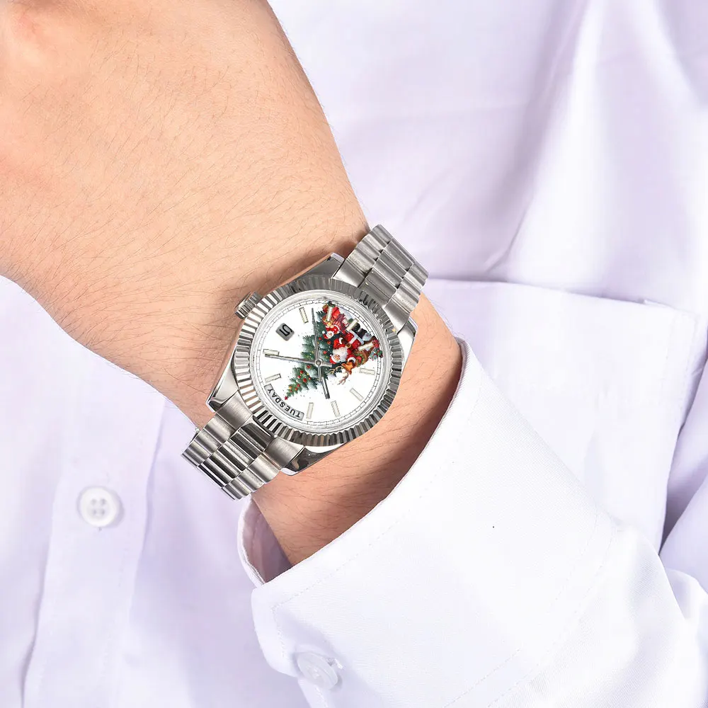 ساعة عيد الميلاد بطابع 40 ملم ميوتا 8285 ساعة ميكانيكية أوتوماتيكية مع تاريخ مزدوج أزرق مضيء 8285 ساعة هدية عيد الميلاد