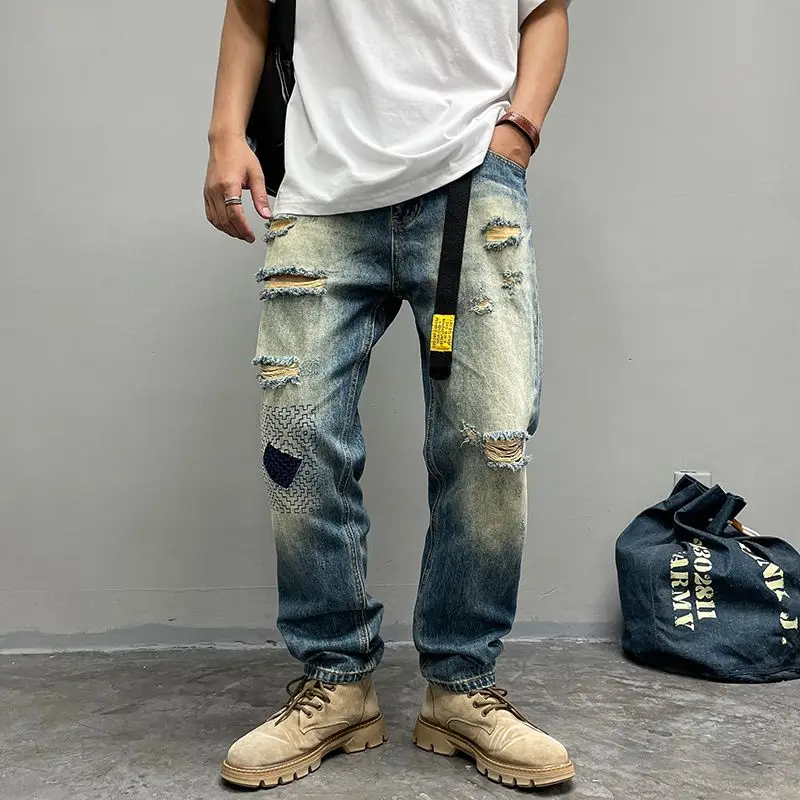 

American style high street with ripped washed and worn straight jeans summer thin breathable and comfortable men's long pants