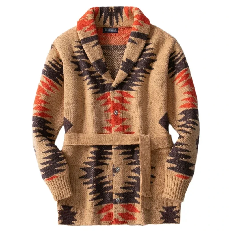 Cardigan da uomo autunno inverno cappotto di media lunghezza colletto rovesciato cappotti con stampa cintura con lacci giuntura maglioni casual a punto aperto