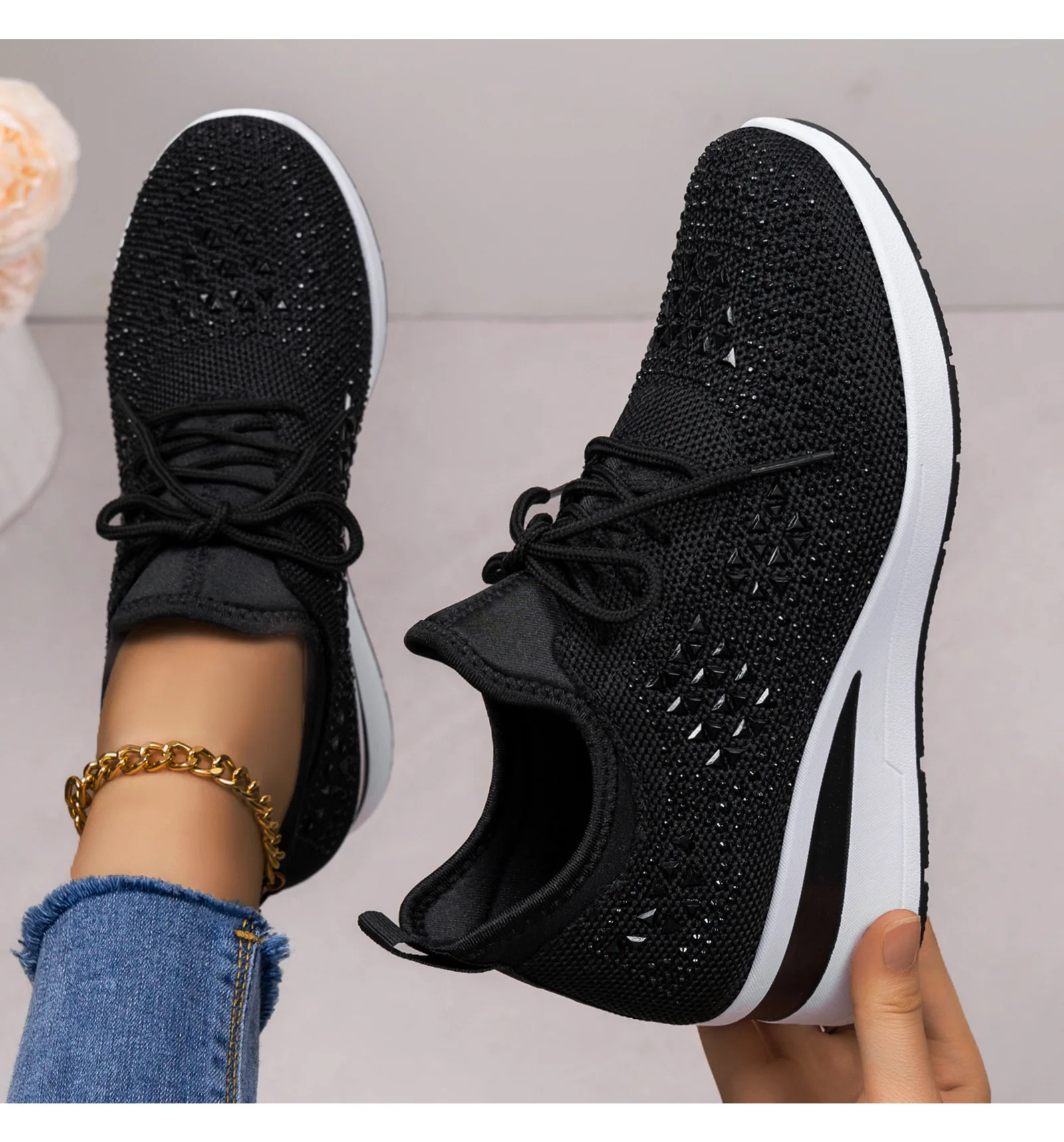 Damen-Sneaker mit Strass-Keilabsatz, atmungsaktives Strickobermaterial, versteckter Absatz, Schnürung, modische Plateau-Walkingschuhe – Detail 7