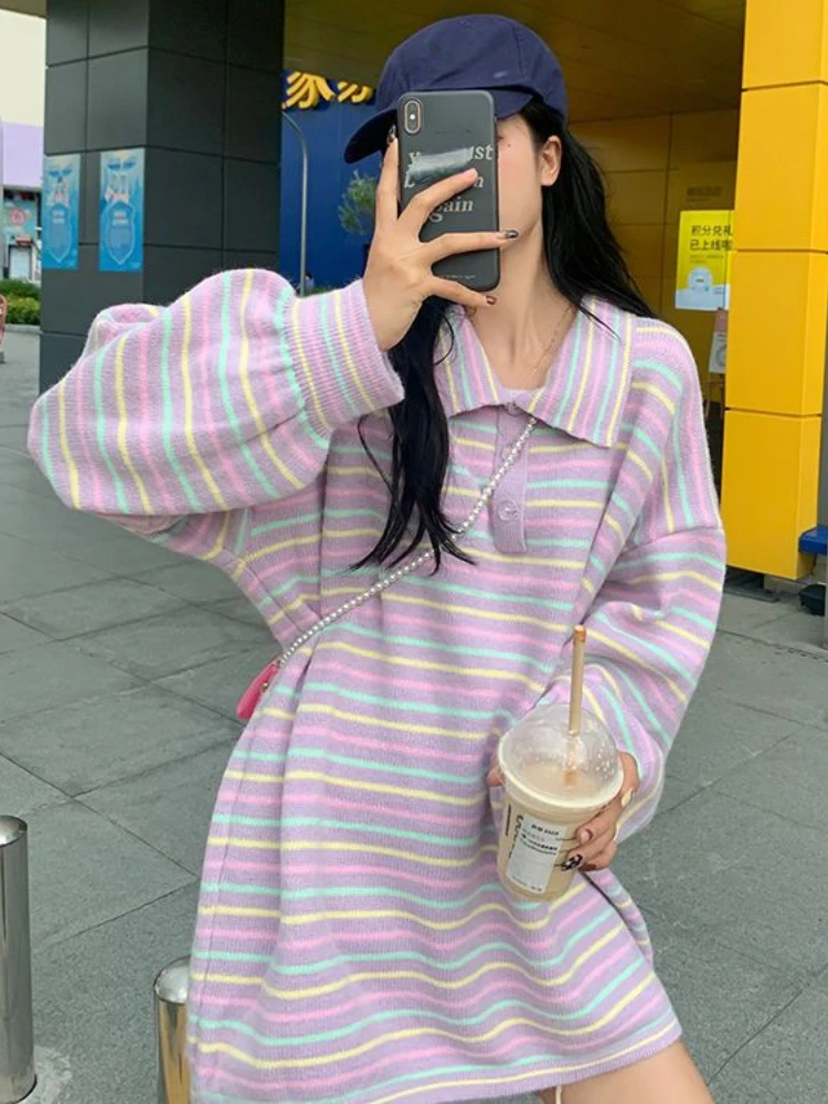 KOSAHIKI 2000s Vintage Rainbow Striped Knitted Sweater Autumn Loose Pullovers Tops Harajuku Basic Jumpers Preppy Style Clothes