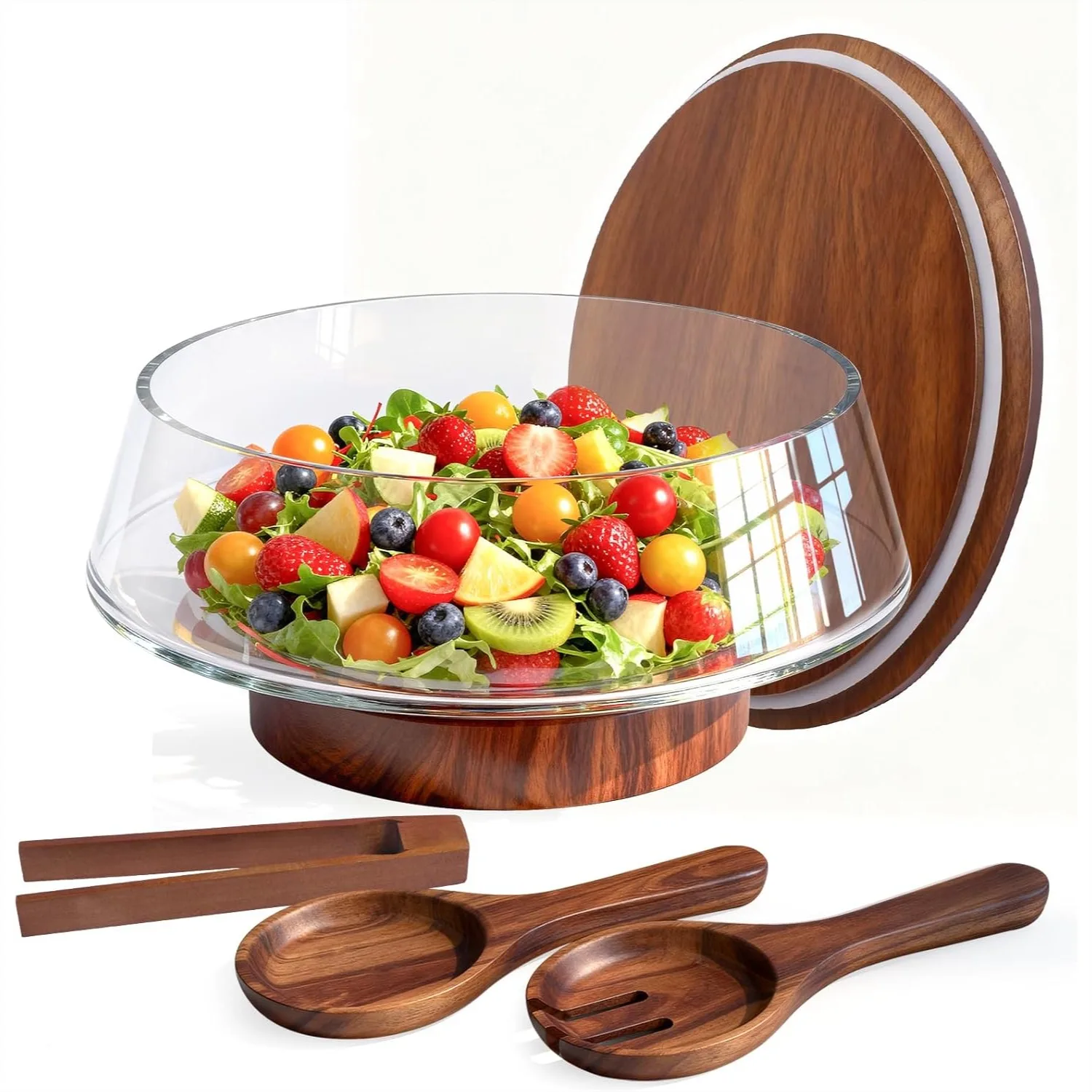 

Extra Large 5-Qt Glass Salad Bowl with Lid, Wood Base & Salad Servers for Parties & Christmas