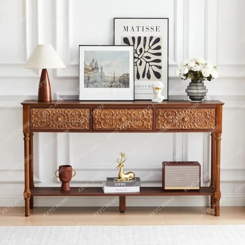 XX Sturdy 55.5 Carved Console Table with 3 Drawers, 2-Tier Sofa Table with Glossy Floral Surface and Solid Wood Legs, Mid-Cen