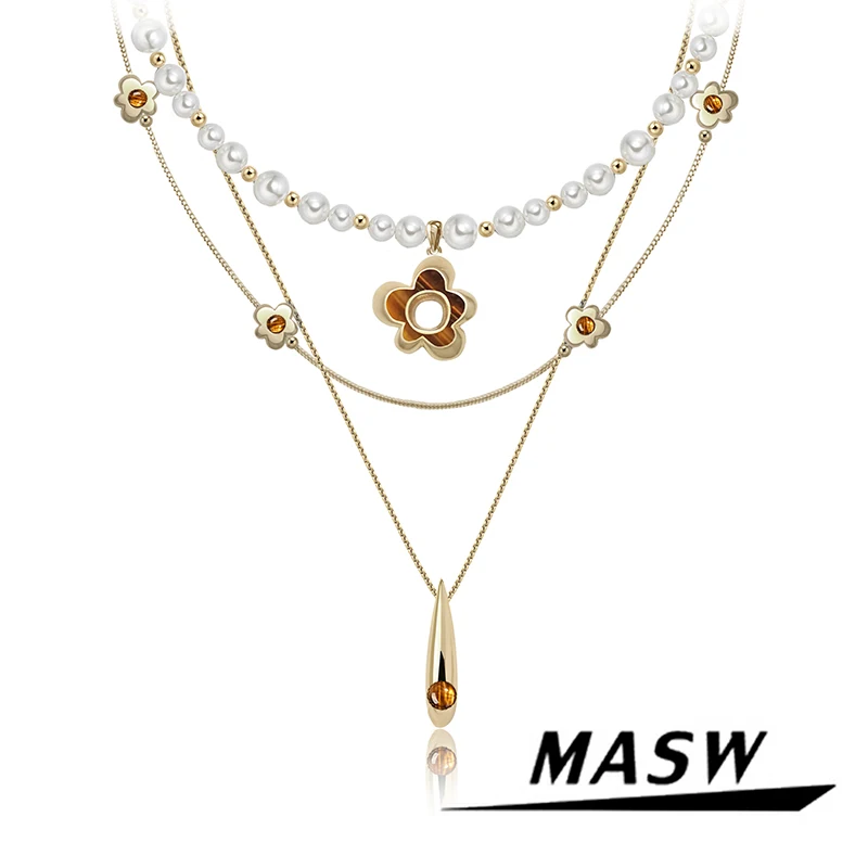 

MASW Original Design Vintage Temperament Glass Simulated Pearl Brown Flower Pendant Necklace For Women Girl Gift Modern Jewelry