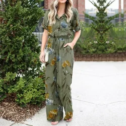 Women's Plus Size Spring/Summer Loose Shirt Jumpsuit Women's Short Sleeve Printed Casual Jumpsuit