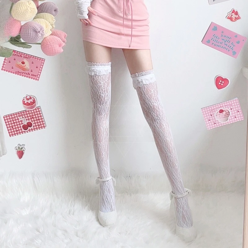 Chaussettes en maille de dentelle blanche européenne et américaine, bas Loli noirs, chaussettes hautes Sexy, accessoires de Costume d'halloween