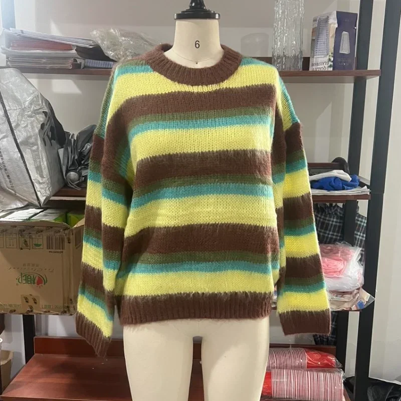 Colorful Stripe Knit Sweater for Women Retro Academic Style Pullover Soft Comfortable Casual Top with Relaxed Fit