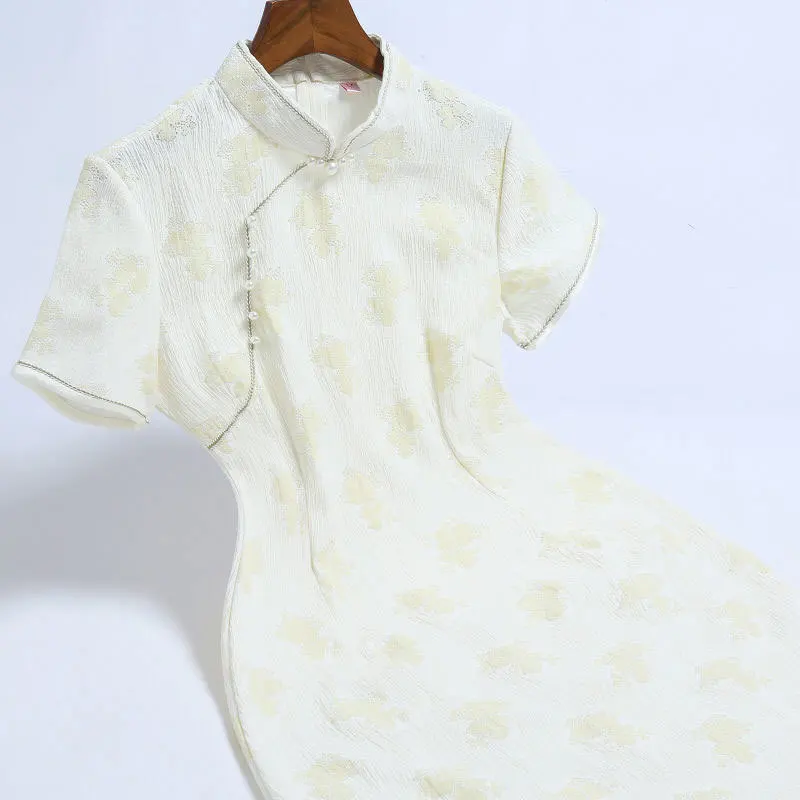 

Improved Beige Short Cheongsam New Summer Flower Print Short Sleeve Vintage Dress Women Costumes Pearl Qipao S To XXL