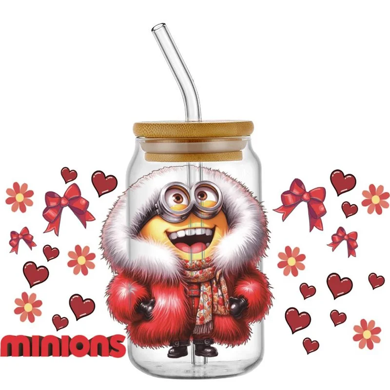 Miniso dessin animé autocollant 3D jaune Minions garçon UV DTF tasse enveloppes transferts autocollant sur transfert pour verre peut enveloppe 16oz Libbey