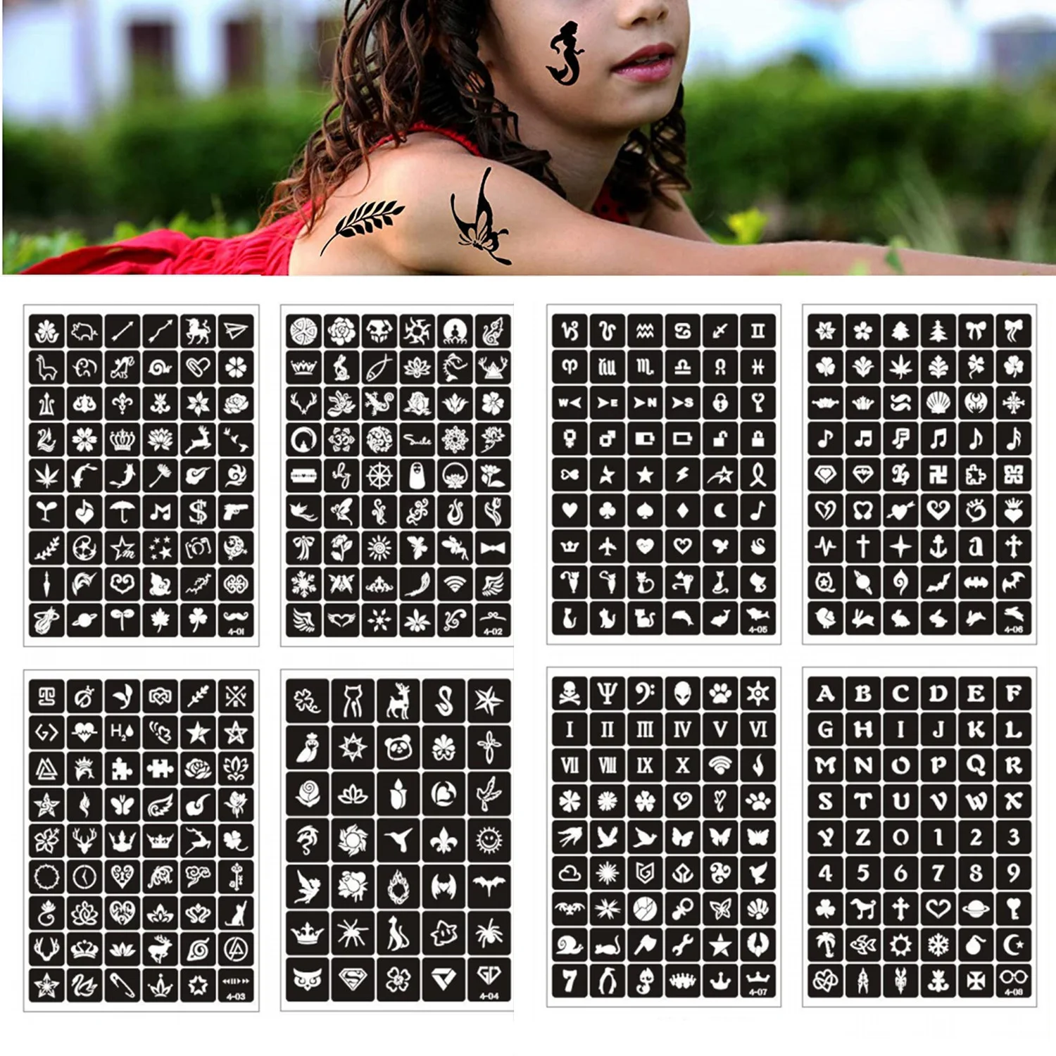 A4 Size/sheet Small Finger Airbrush  Glitter Tattoo Stencils Women Kids Drawing Template Reusable Cat Butterfly Henna Stencil