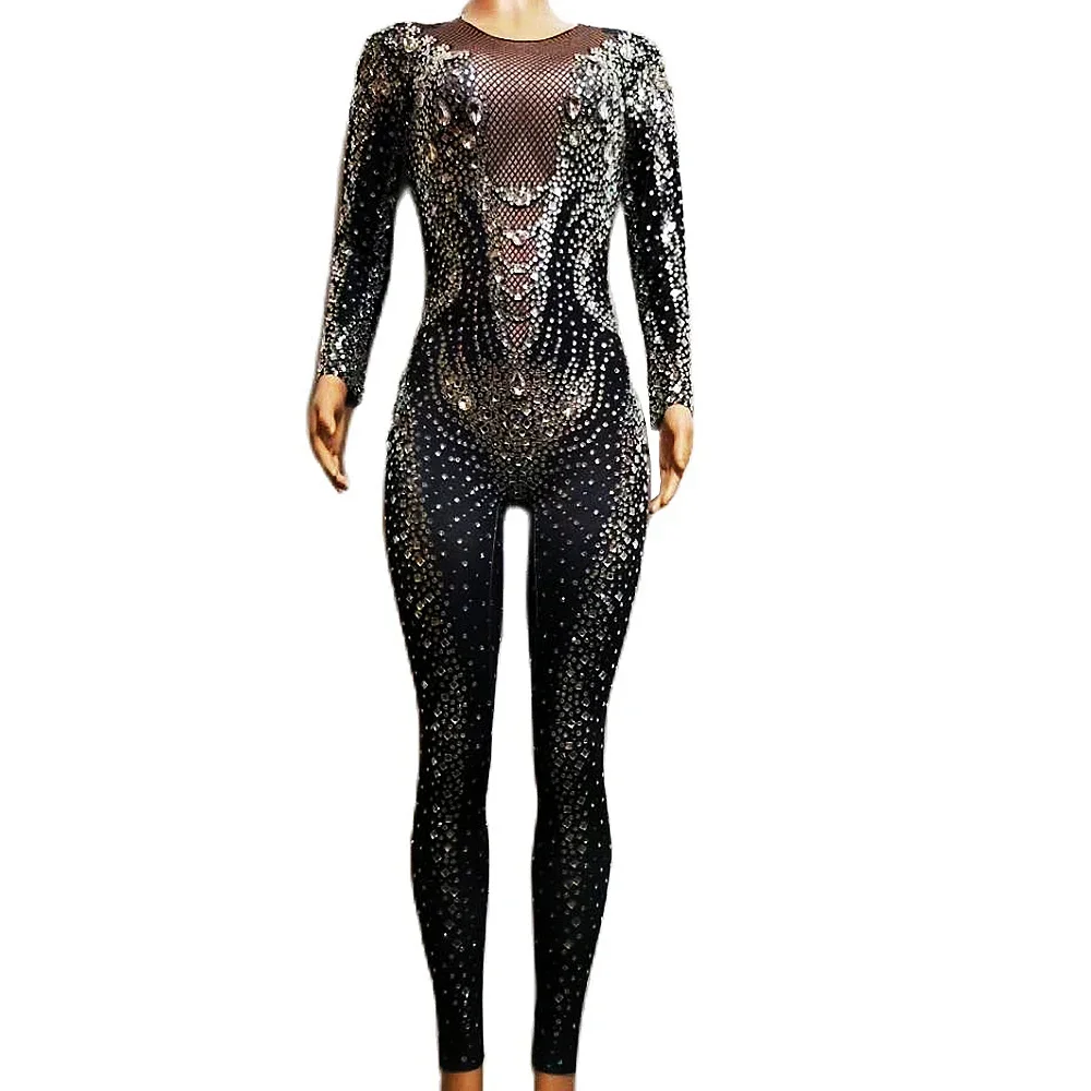 

Black Diamonds Skinny Stretch Women Sexy Jumpsuits Prom Party Birthday Celebrate Outfit Bling Stage Dance Nightclub DJ DS Wear