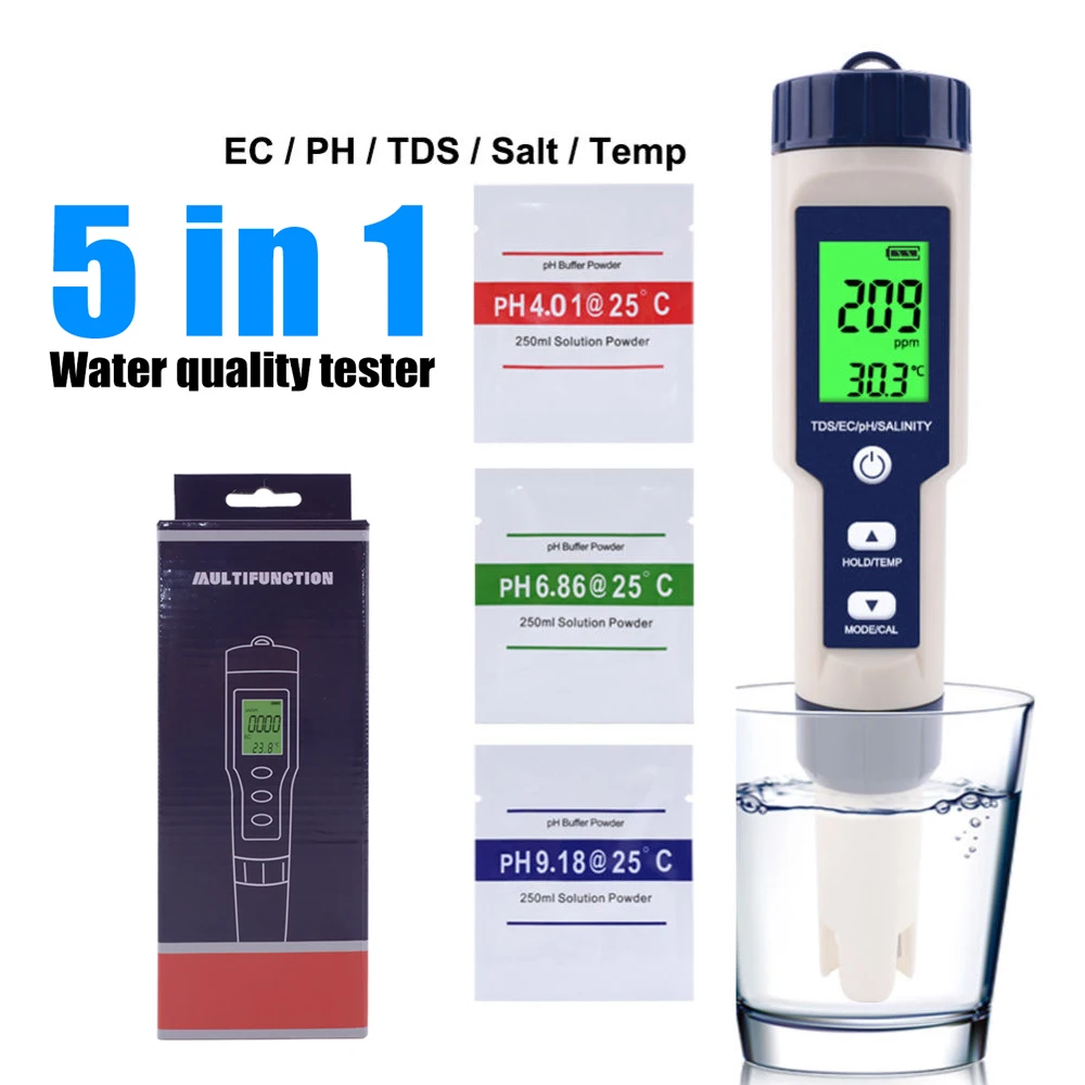 EZ-9909 5in1 Function Water Quality Meter PH Salinity TDS EC Tester with Backlight for Aquaculture,Drinking Water,Swimming Pool