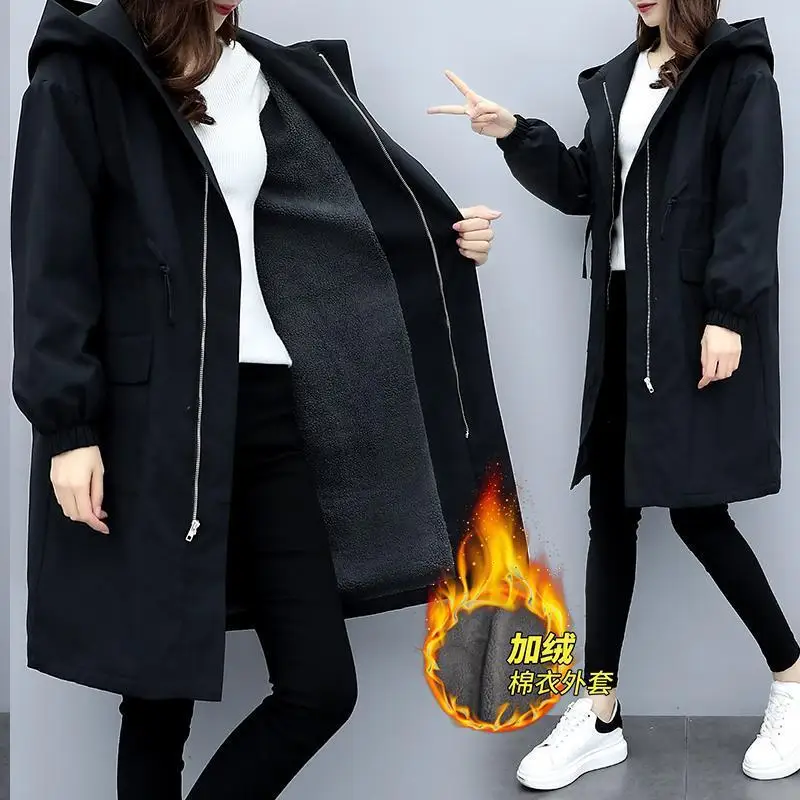 Thick fleece trench coat women winter long coat black  warm hooded Parka