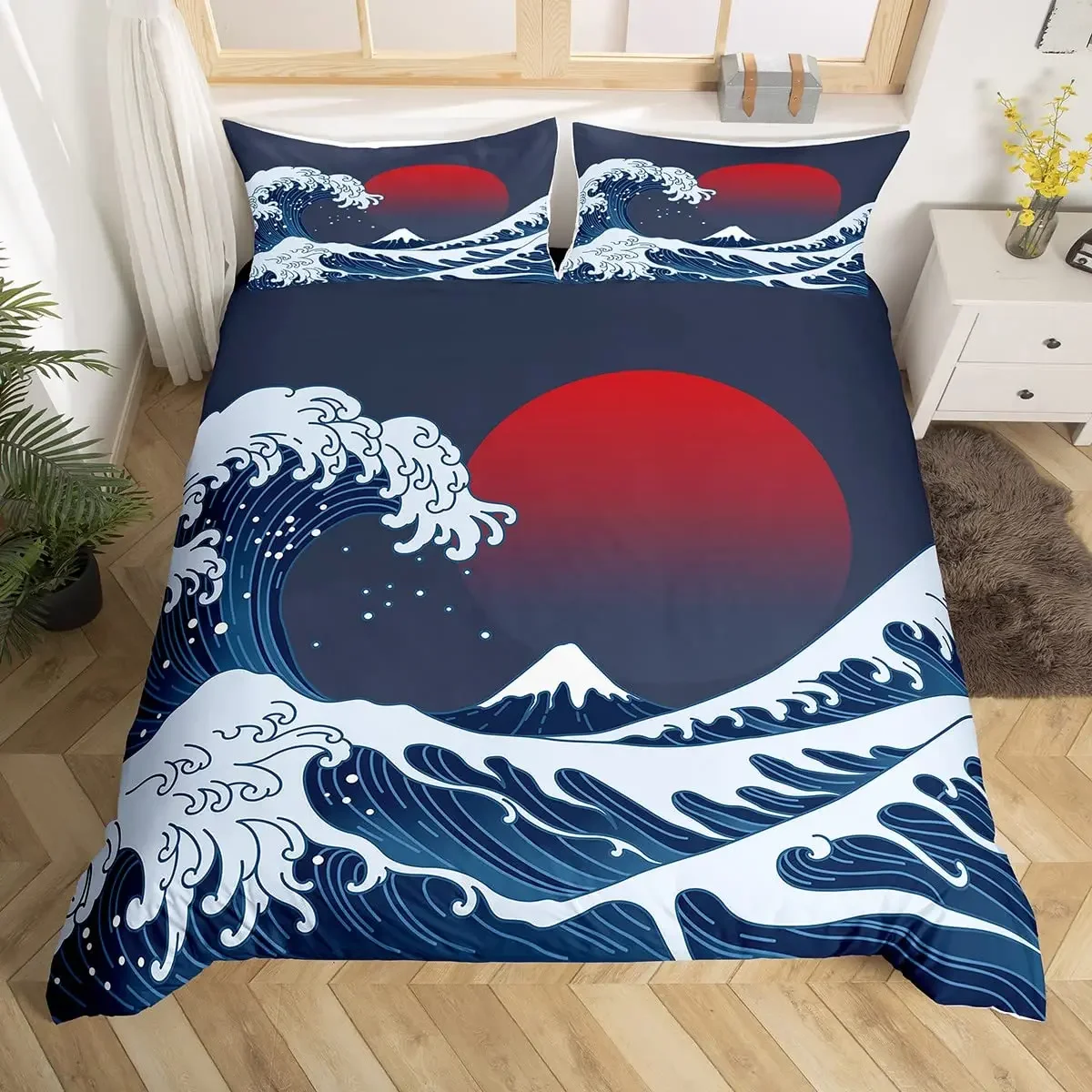 Ocean Wave Duvet Cover Set Sea Surfing Red Sun Bedding Set Japanese Ukiyoe Comforter Cover Exotic Navy Blue Decor Quilt Cover