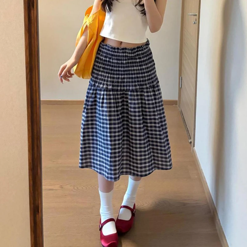 

2025 Korean Elastic High Waist Plaid Skirt Women Summer Patchwork Sleeveless A Line Skater Woman Chic Pleated Midi Skirts Female