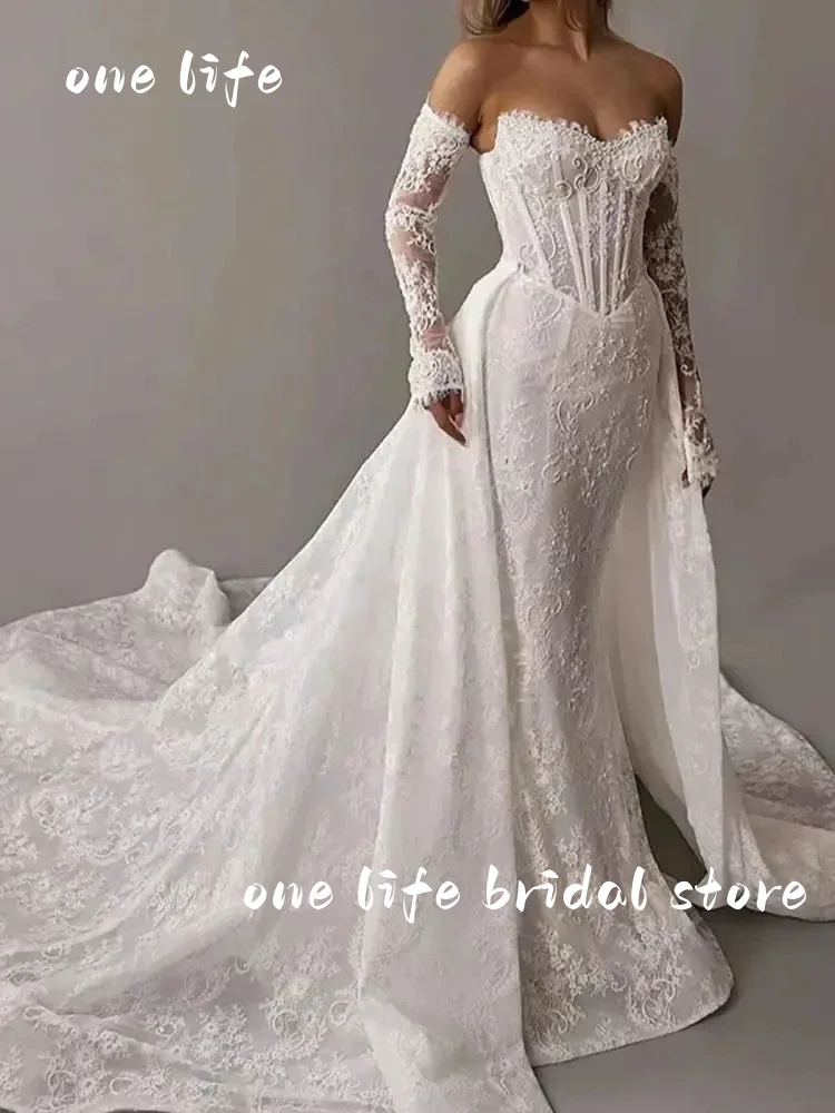 

Luxury Lace Mermaid Detachable Long Train Wedding Dresses Sweetheart Backless Long Sleeves Bride Gowns Customized For Women