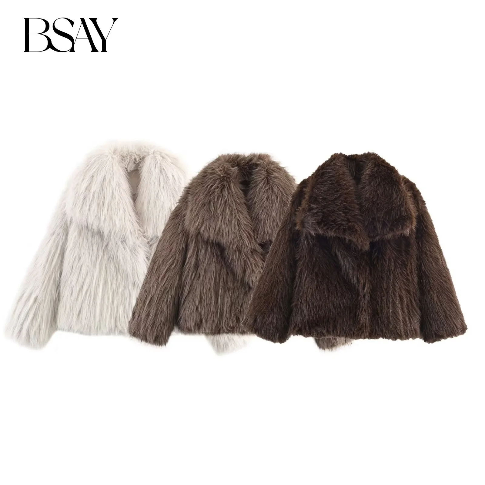 BSAY 인조 모피 재킷 여성 의류 2025 겨울 신상 시크한 라펠 긴 소매 루즈 두꺼운 따뜻한 시크 여성 상의