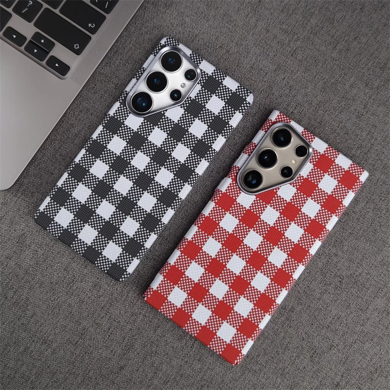 

3D Grid Carbon Fiber Texture MagSafe Phone Case For Samsung Galaxy S25 S24 S23 Ultra Wireless Charging Metal Lens PC Hard Cover